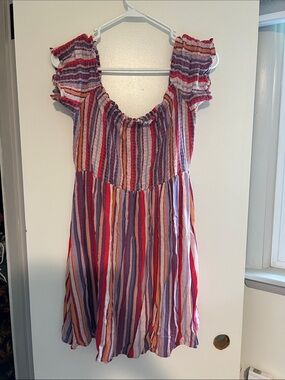 Relished Multicolor Striped Ruffle-Sleeve Dress (red, purple, orange)